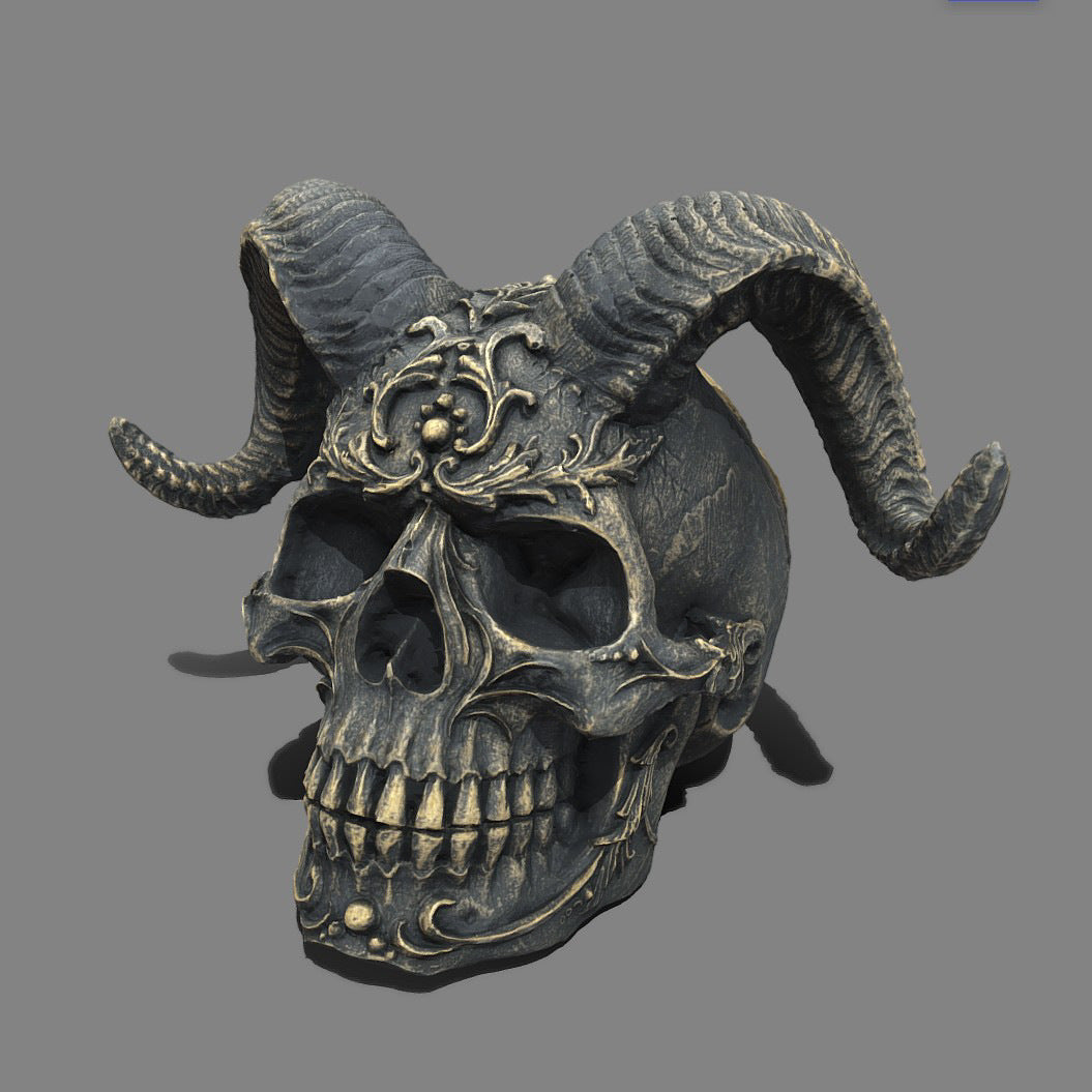 Gothic Ram Horn Skull Sculpture – Dark Fantasy Décor