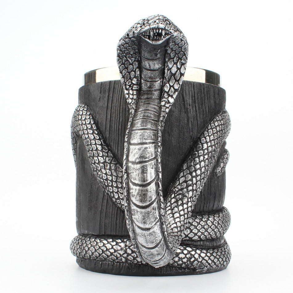 3D Cobra Snake Mug – Silver Black Gothic Serpent Tankard