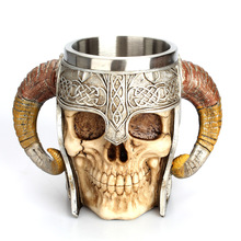 Viking Skull Mug with Ram Horn Handles – Gothic Fantasy Décor