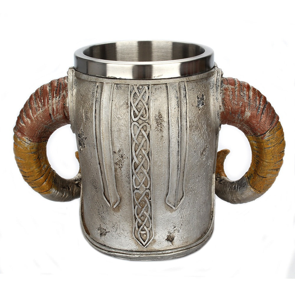 Viking Skull Mug with Ram Horn Handles – Gothic Fantasy Décor