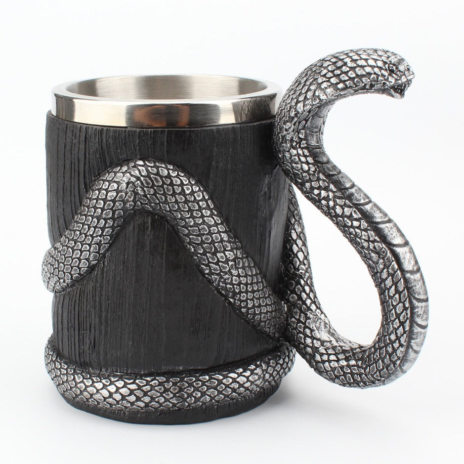 3D Cobra Snake Mug – Silver Black Gothic Serpent Tankard