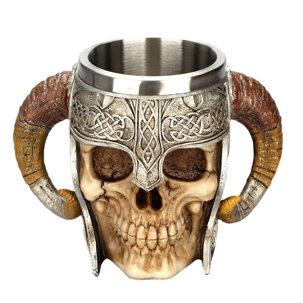 Viking Skull Mug with Ram Horn Handles – Gothic Fantasy Décor