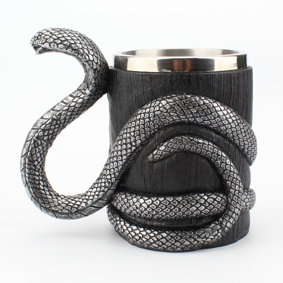 3D Cobra Snake Mug – Silver Black Gothic Serpent Tankard