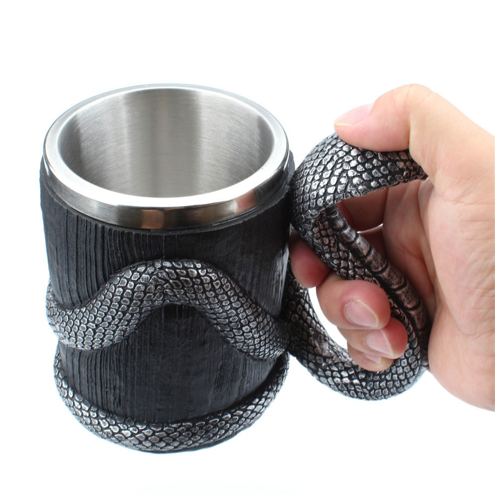 3D Cobra Snake Mug – Silver Black Gothic Serpent Tankard
