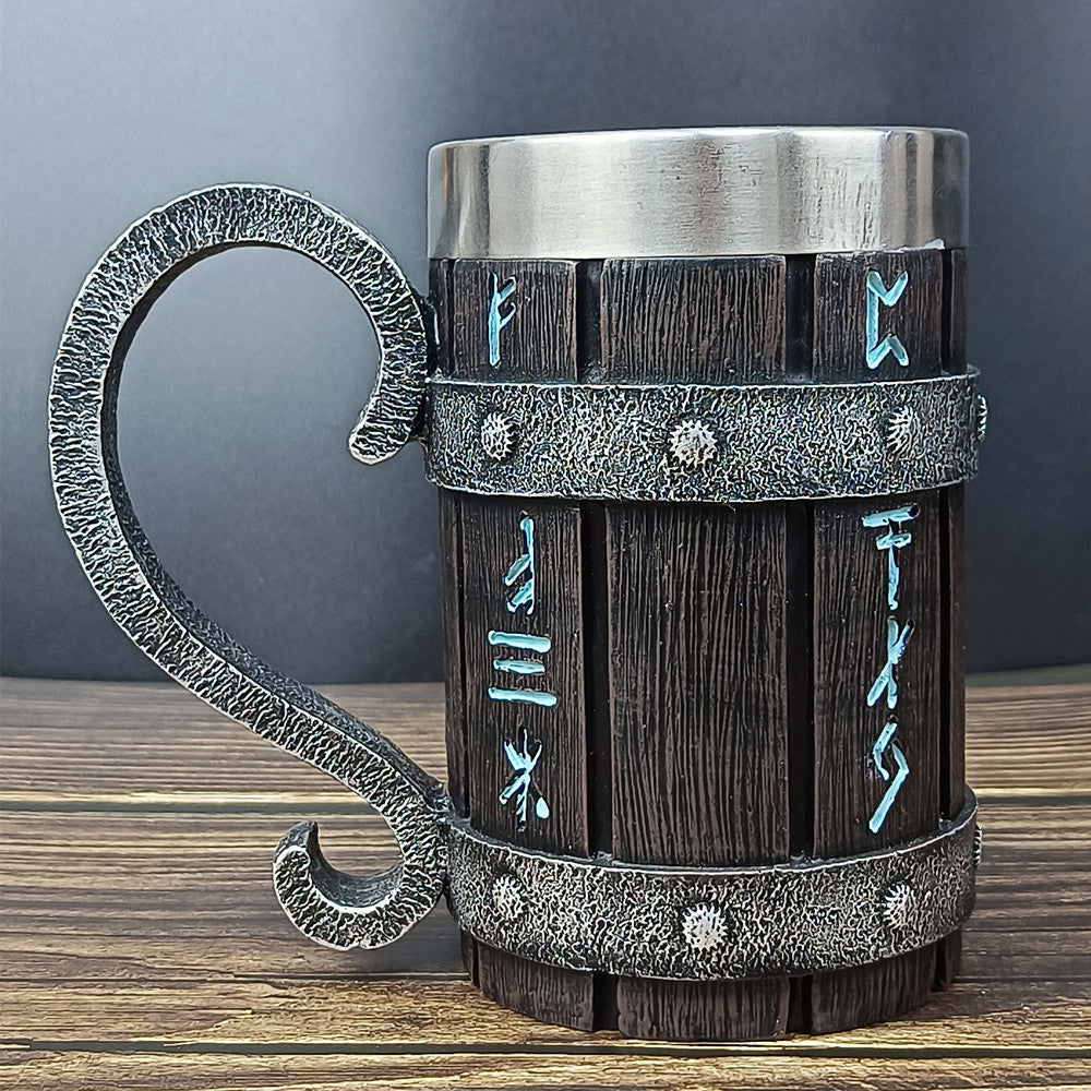 Viking Rune Barrel Mug – Medieval Tankard with Unique Handles