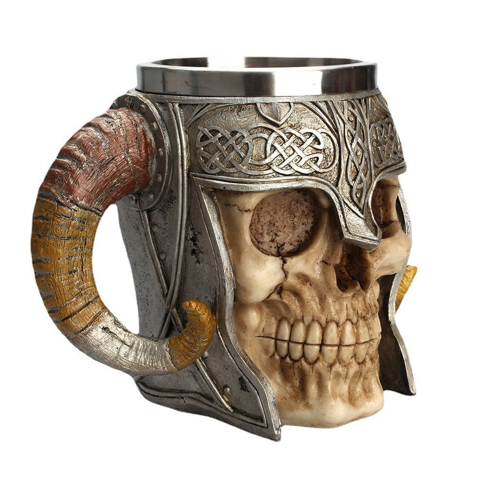 Viking Skull Mug with Ram Horn Handles – Gothic Fantasy Décor