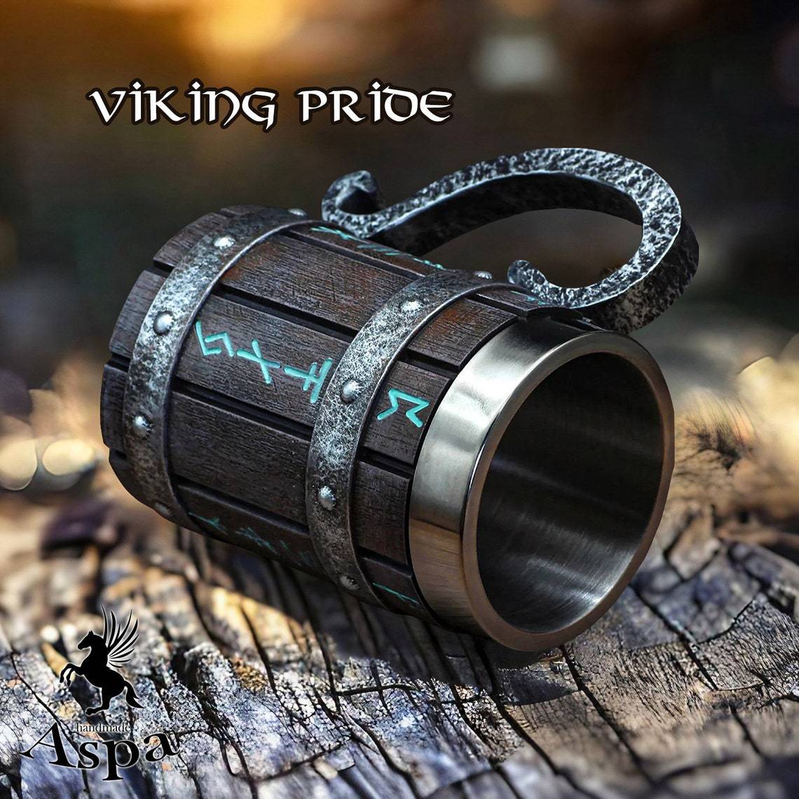 Viking Rune Barrel Mug – Medieval Tankard with Unique Handles