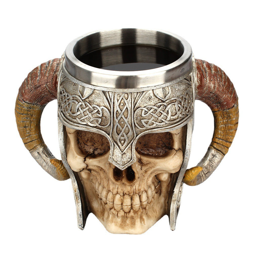 Viking Skull Mug with Ram Horn Handles – Gothic Fantasy Décor