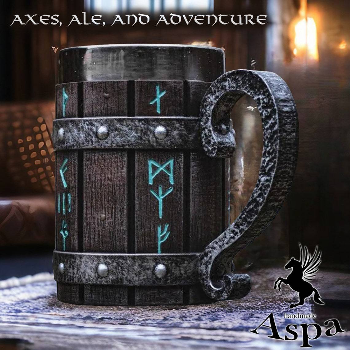 Viking Rune Barrel Mug – Medieval Tankard with Unique Handles