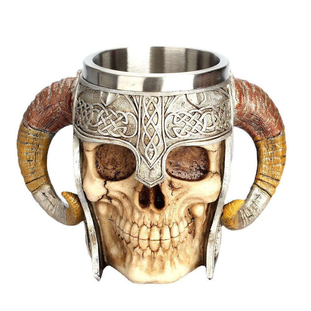 Viking Skull Mug with Ram Horn Handles – Gothic Fantasy Décor