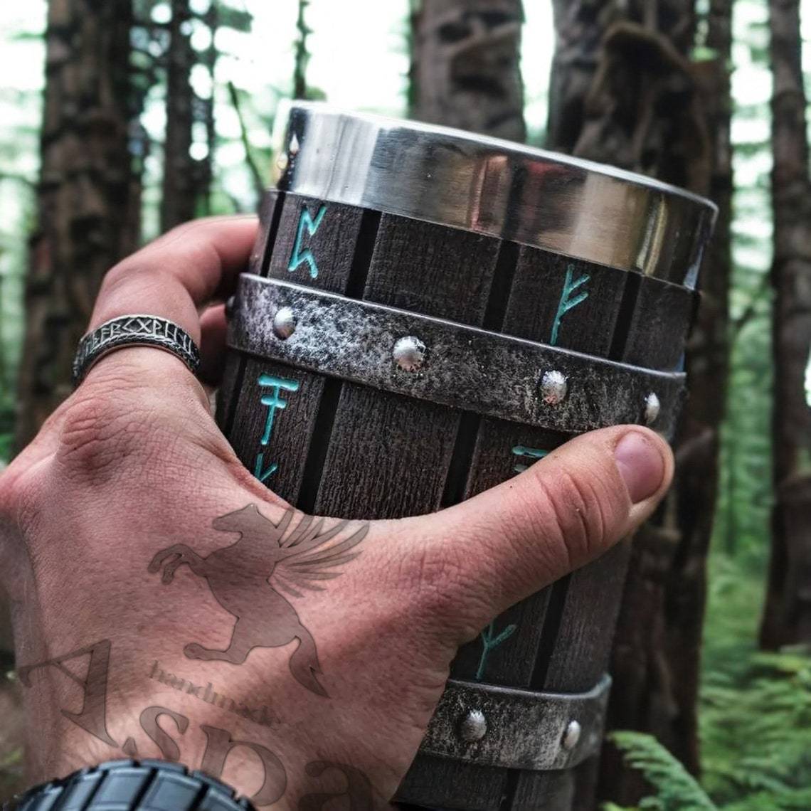 Viking Rune Barrel Mug – Medieval Tankard with Unique Handles