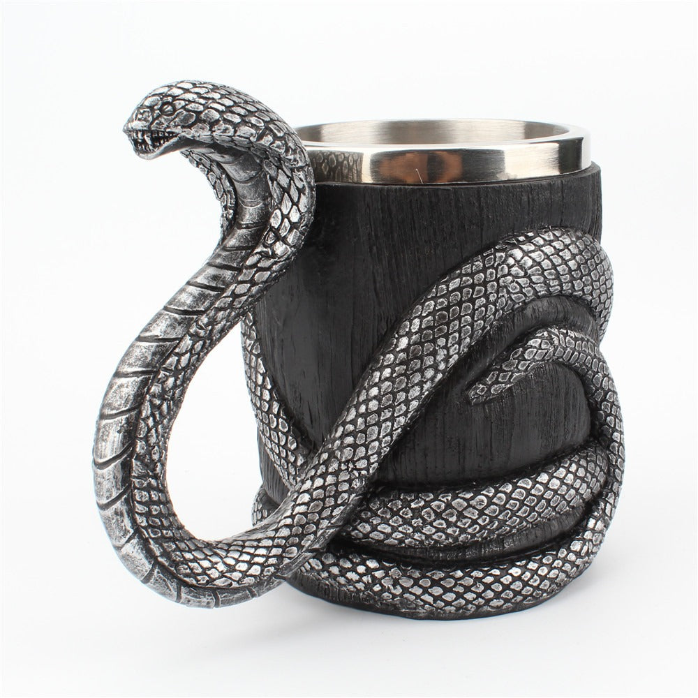 3D Cobra Snake Mug – Silver Black Gothic Serpent Tankard